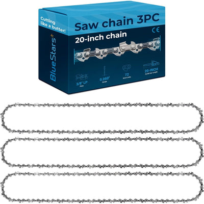 Three 20-inch chainsaw chains with 3/8 inch LP pitch, 0.050 gauge, and 72 drive links in BlueStars retail packaging.