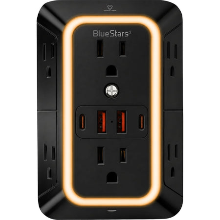 Wall Mount Power Strip Wall Charger, front view showing 6 outlets, 4 USB ports, and illuminated night light