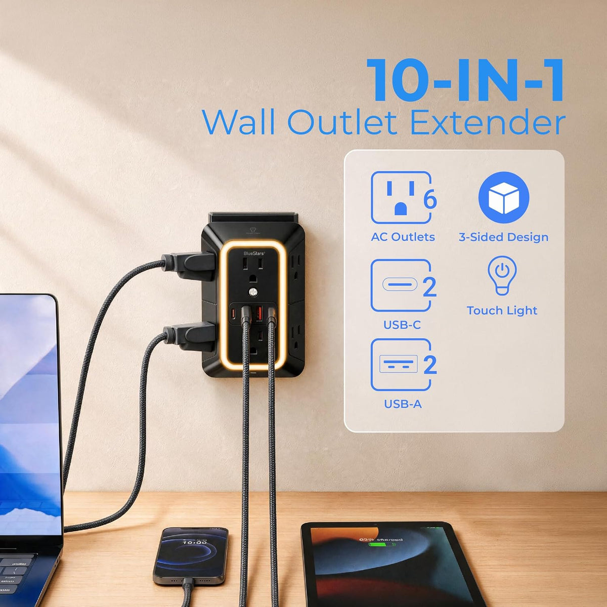 Wall Mount Power Strip Wall Charger, wall-mounted with devices connected; graphic shows 6 AC outlets and 4 USB ports