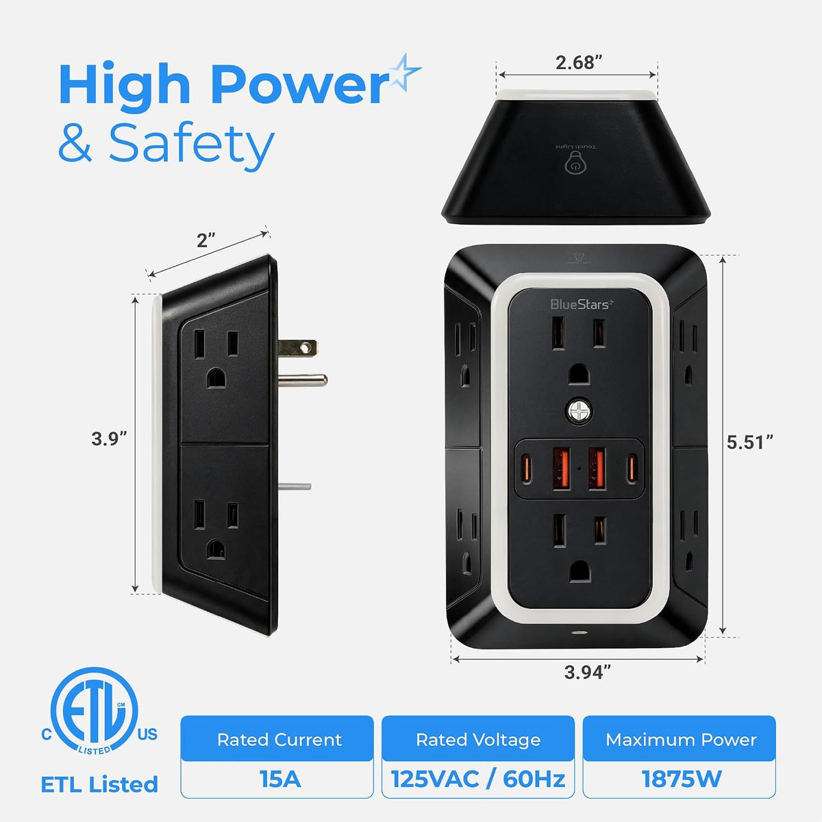 Wall Mount Power Strip dimensions diagram showing 6 outlets, 4 USB ports, 15A, 125VAC/60Hz, and 1875W ratings