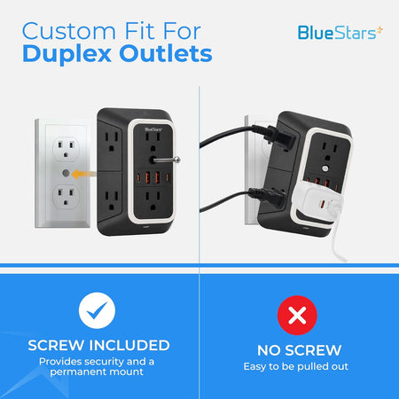Wall Mount Power Strip, custom fit for duplex outlets, comparing secure screw mounting with easy pull-out mounting