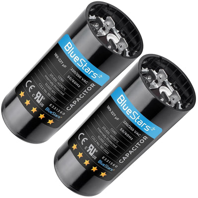 Two 189-227 uF 220-250 VAC round start capacitors for single phase motors.