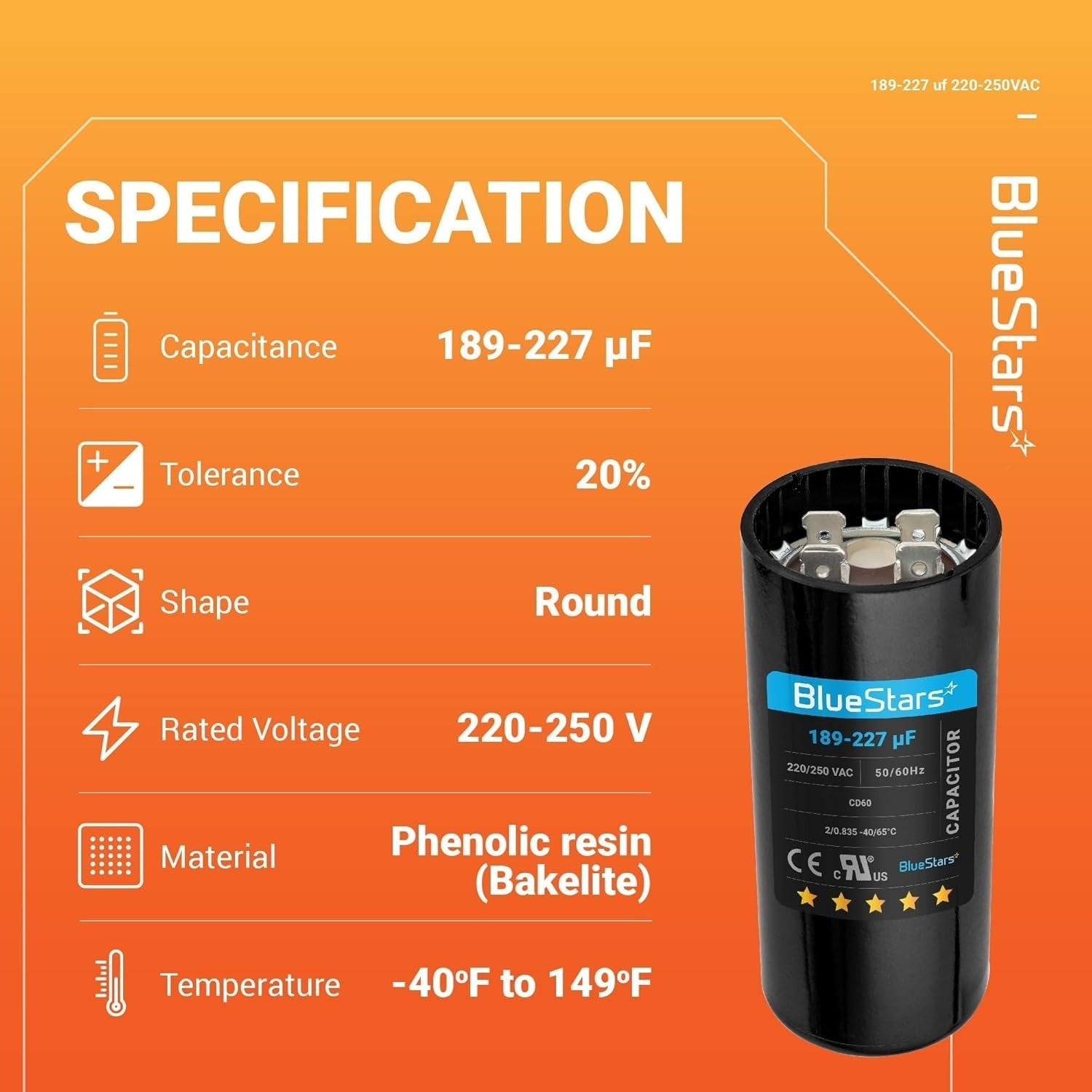 189-227 MFD 220-250V Round Motor Start Capacitor
