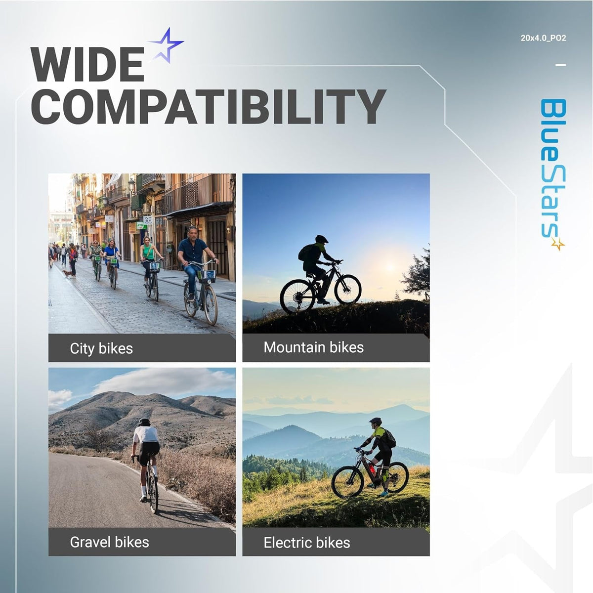 Infographic showing wide compatibility of 20x4.0 bike inner tubes with city, mountain, gravel, and electric bikes.