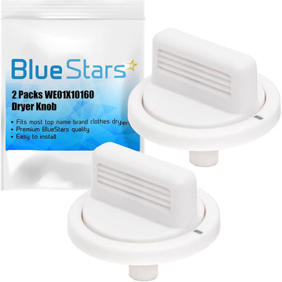 WE01X10160 Timer Knob, two white knobs shown with BlueStars 2-pack packaging