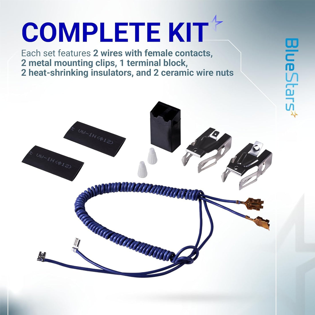 WB17T10006 range terminal block kit including wires, metal mounting clips, heat-shrinking insulators, and ceramic wire nuts.