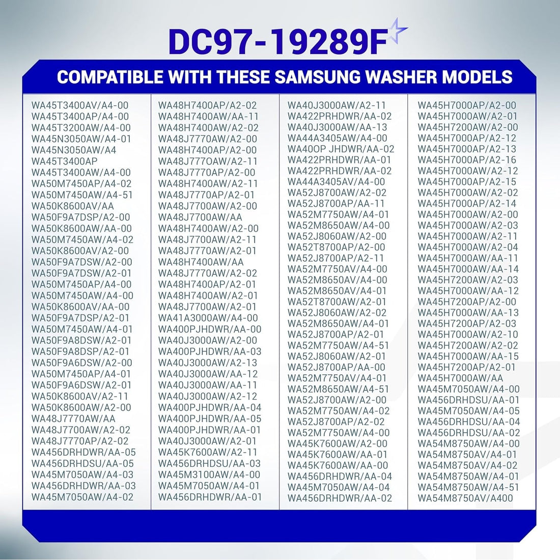 Compatibility chart for DC97-19289F Samsung washer drain pump listing supported model numbers.