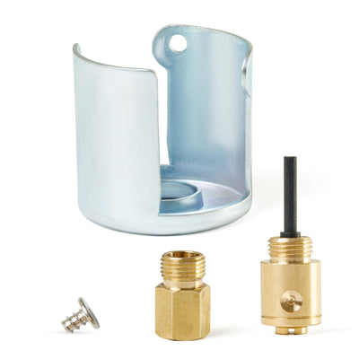 WE25X217 liquid propane conversion kit components including metal bracket, brass fittings, and screw for GE gas dryers.