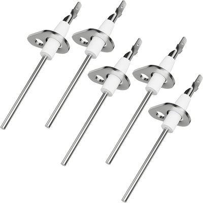Five 0130F00010 flame sensors with metal rods and white ceramic insulators arranged in a group.