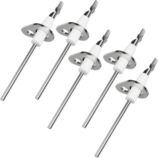 Five 0130F00010 flame sensors with metal rods and white ceramic insulators arranged in a group.
