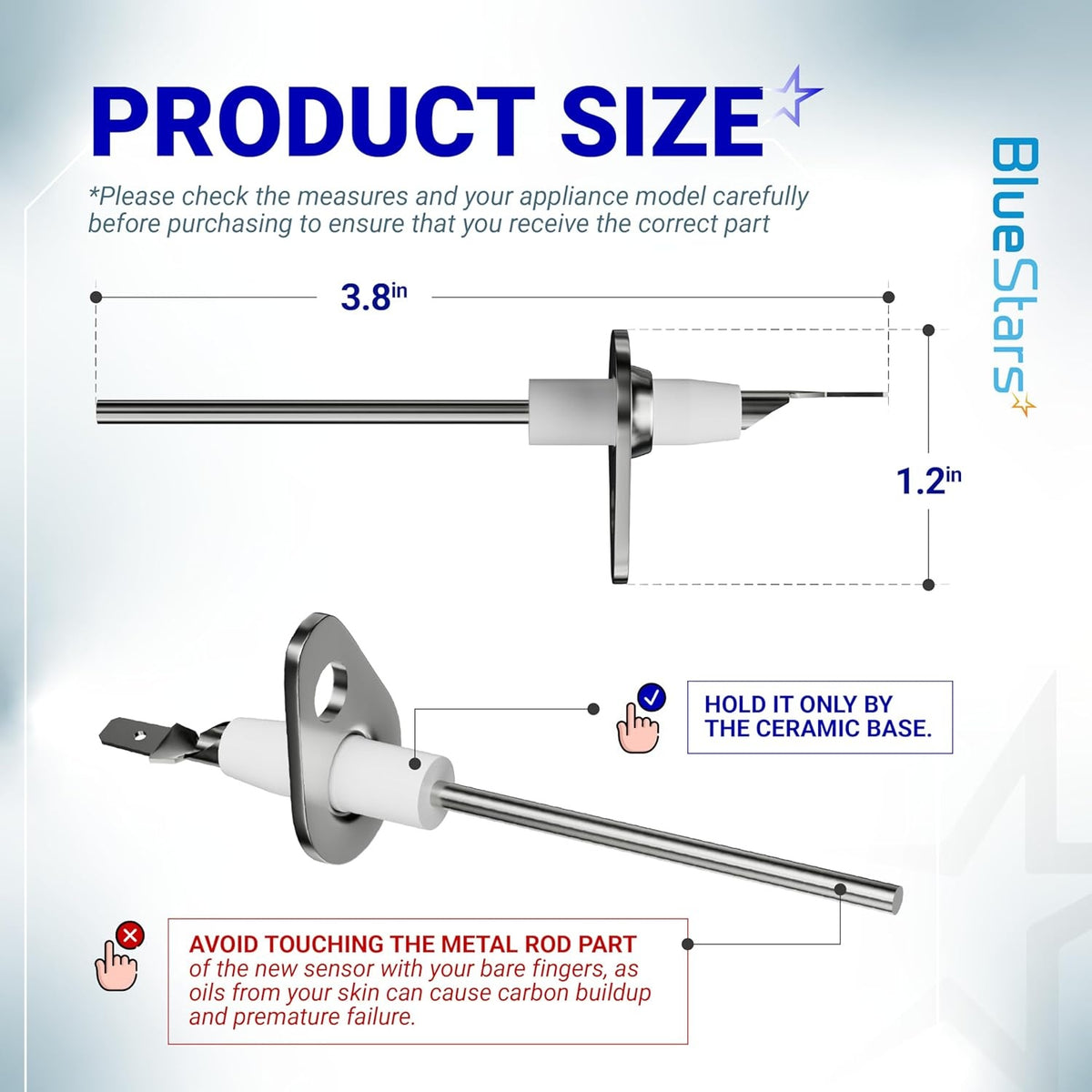 0130F00010 flame sensor dimensions diagram showing 3.8-inch length and 1.2-inch width with handling instructions.