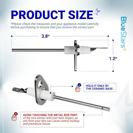 0130F00010 flame sensor dimensions diagram showing 3.8-inch length and 1.2-inch width with handling instructions.
