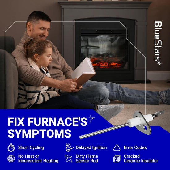 0130F00010 flame sensor replacement part shown with furnace troubleshooting symptoms for heating repair.