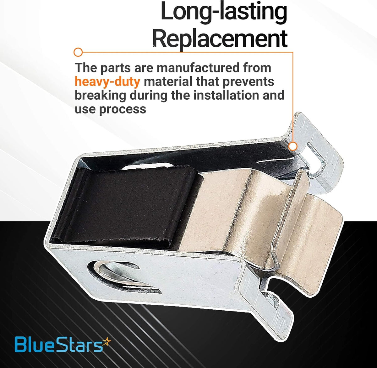 Close-up of W10111905 heavy-duty dryer door catch replacement for Whirlpool and Kenmore dryers.