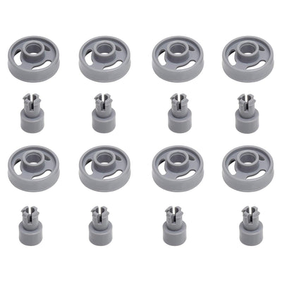Set of 8 grey dishwasher lower rack wheels and matching studs for GE dishwashers.