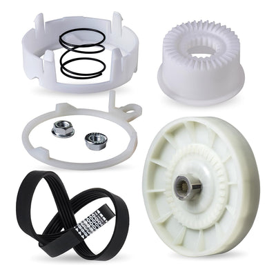 W10721967 washer clutch kit and W10006384 drive belt replacement parts for Whirlpool, Kenmore, and Maytag washers.