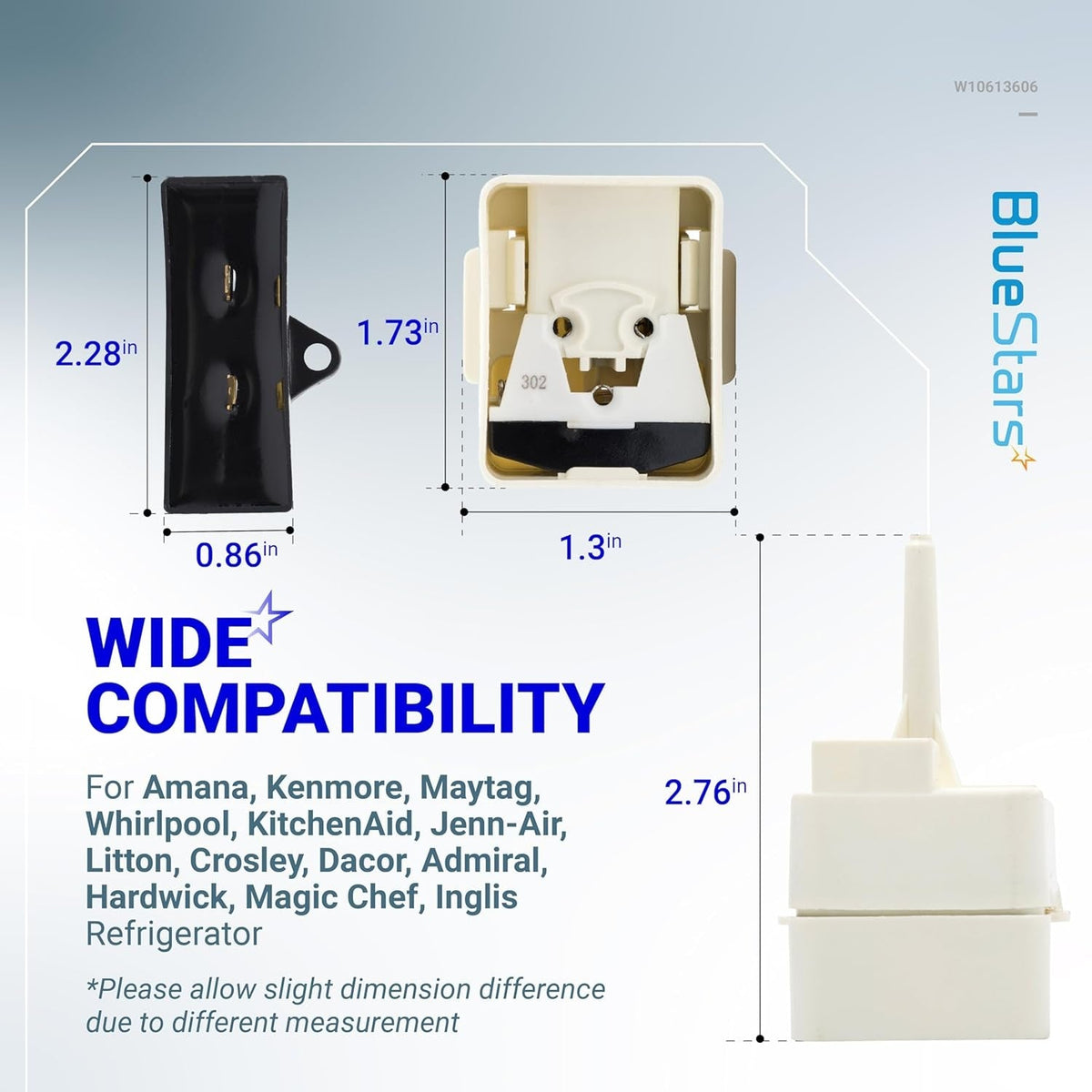 Dimensional diagram of W10613606 refrigerator compressor start relay and capacitor with measurements.