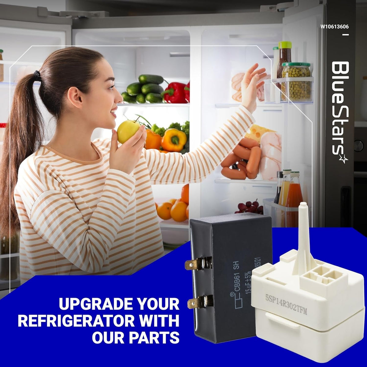 W10613606 refrigerator compressor start relay and capacitor set for Whirlpool, KitchenAid, and Kenmore refrigerators.