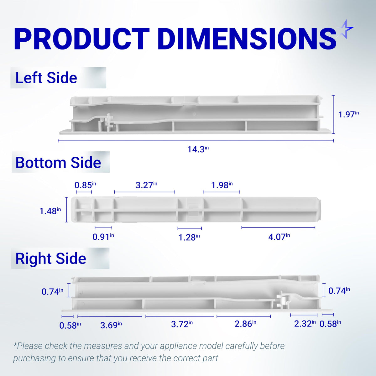 Dimensional diagram showing measurements for W10326469 refrigerator center drawer slide rail from multiple angles.