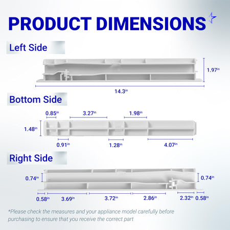 Dimensional diagram showing measurements for W10326469 refrigerator center drawer slide rail from multiple angles.