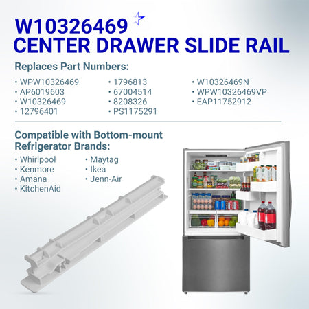 W10326469 refrigerator center drawer slide rail replacement part with compatibility and cross-reference information.