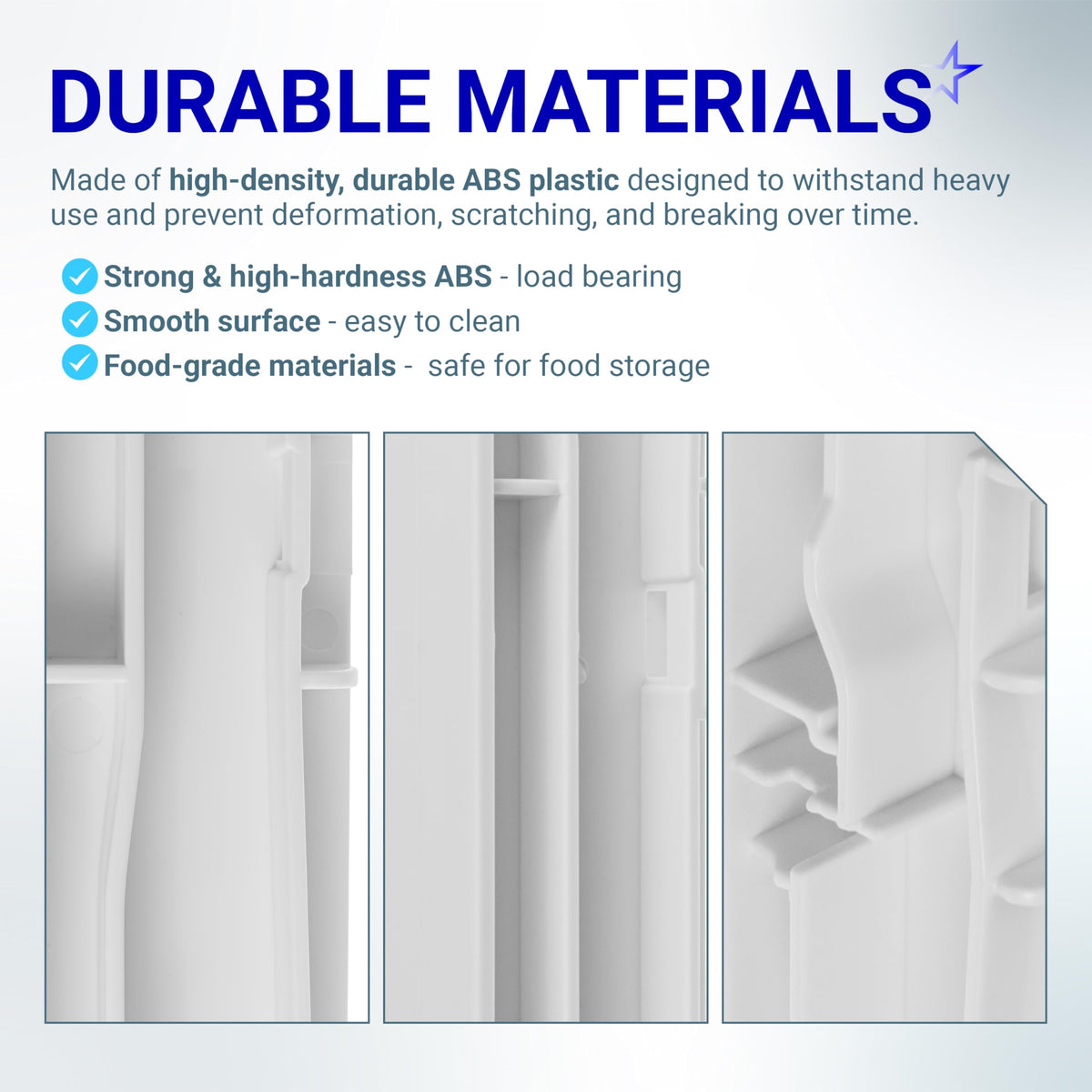 Infographic showing durable ABS plastic material details for W10326469 refrigerator center drawer slide rail.