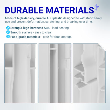 Infographic showing durable ABS plastic material details for W10326469 refrigerator center drawer slide rail.