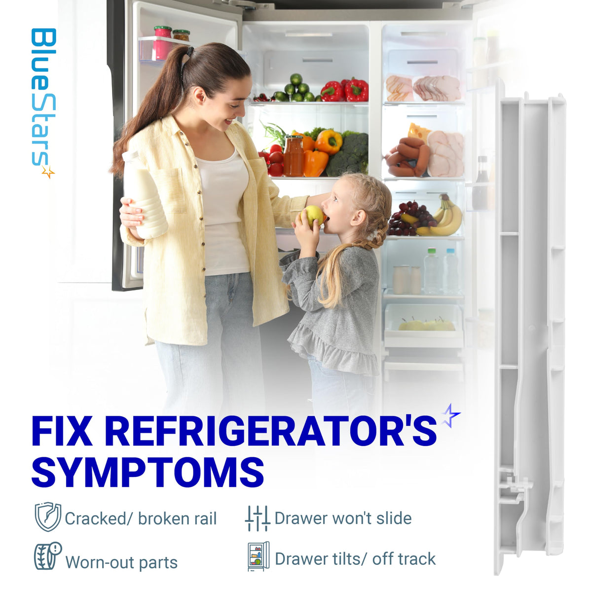 W10326469 refrigerator center drawer slide rail replacement part shown with a family using a refrigerator.