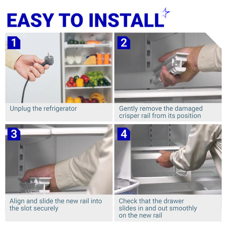 Four-step installation guide for W10326469 refrigerator center drawer slide rail replacement.