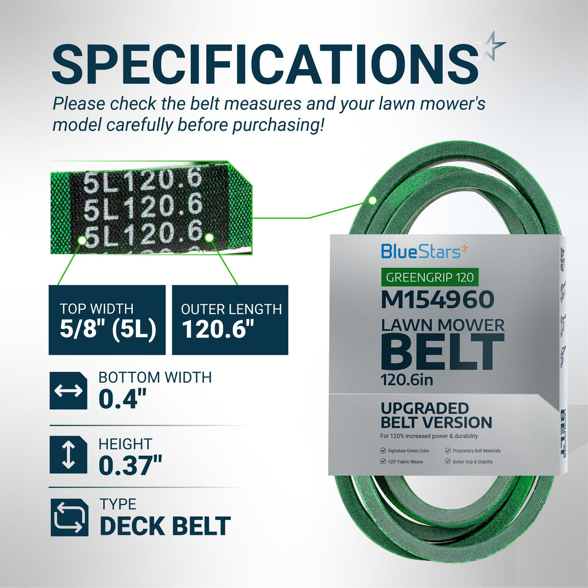 Specification chart for M154960 secondary deck belt showing dimensions and measurements for John Deere lawn mowers.