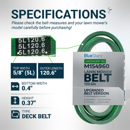 Specification chart for M154960 secondary deck belt showing dimensions and measurements for John Deere lawn mowers.