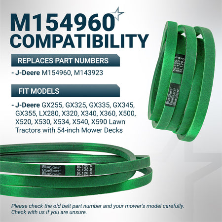 M154960 secondary deck belt compatibility chart for John Deere 54-inch mower decks with part number and model list.