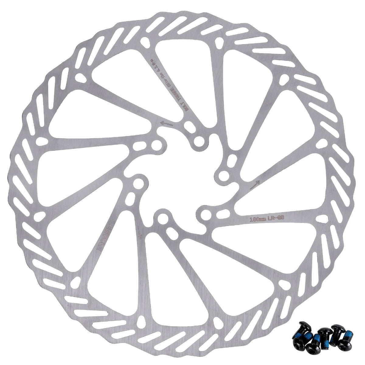 180mm stainless steel bike disc brake rotor with six mounting bolts for MTB and road bikes.