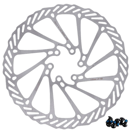 180mm stainless steel bike disc brake rotor with six mounting bolts for MTB and road bikes.