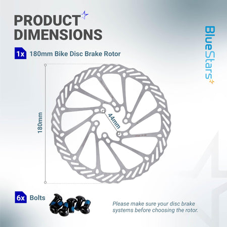 Dimension diagram of 180mm stainless steel bike disc brake rotor with 6 mounting bolts.