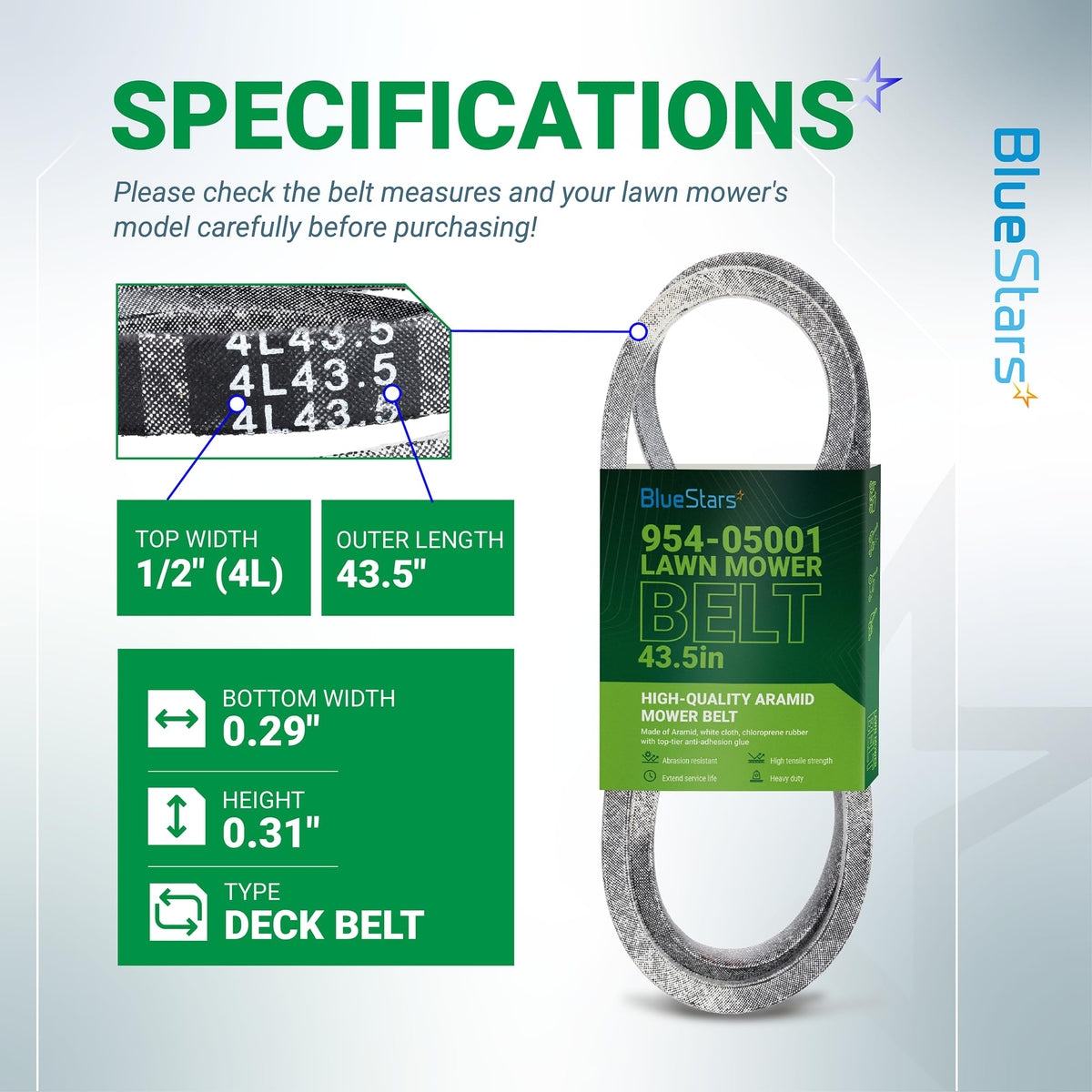 954-05001 lawn mower deck belt specifications chart showing dimensions and 4L43.5 size markings.
