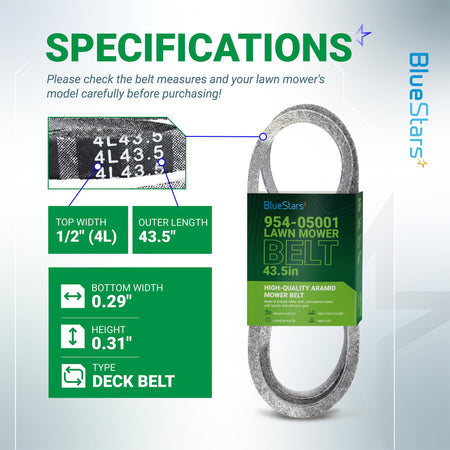 954-05001 lawn mower deck belt specifications chart showing dimensions and 4L43.5 size markings.