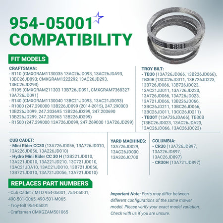 Compatibility chart for 954-05001 lawn mower deck belt showing fit models for Cub Cadet, Craftsman, and Troy-Bilt.