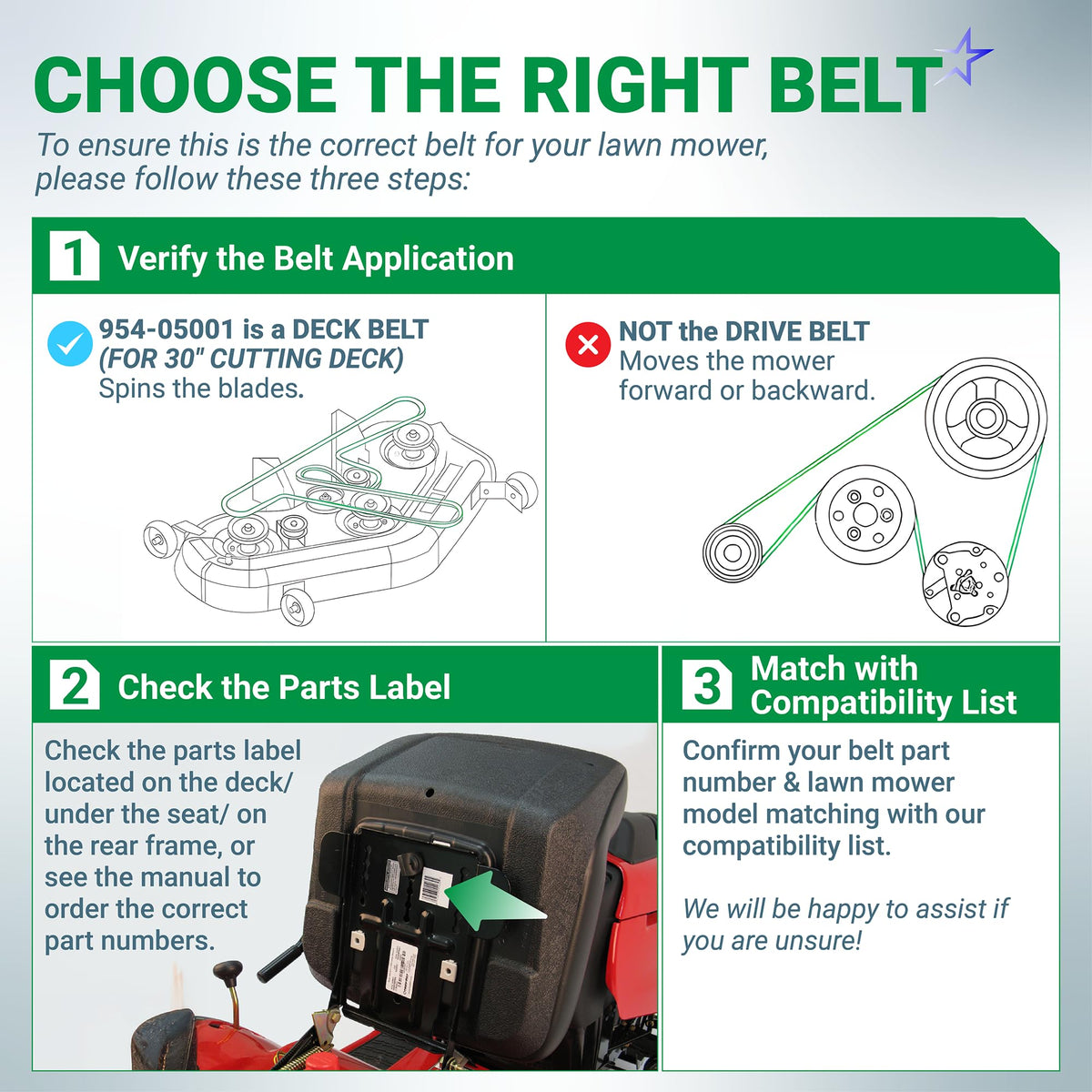 Instructional guide for identifying the correct 954-05001 deck belt for Cub Cadet and Craftsman lawn mowers.