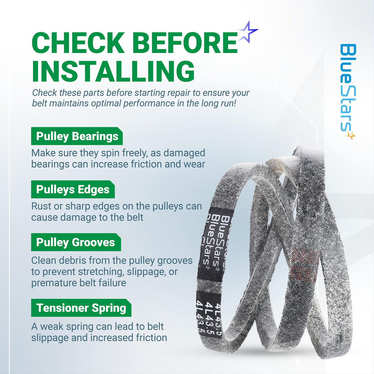 Infographic showing 954-05001 lawn mower deck belt installation tips for pulleys and tensioner springs.