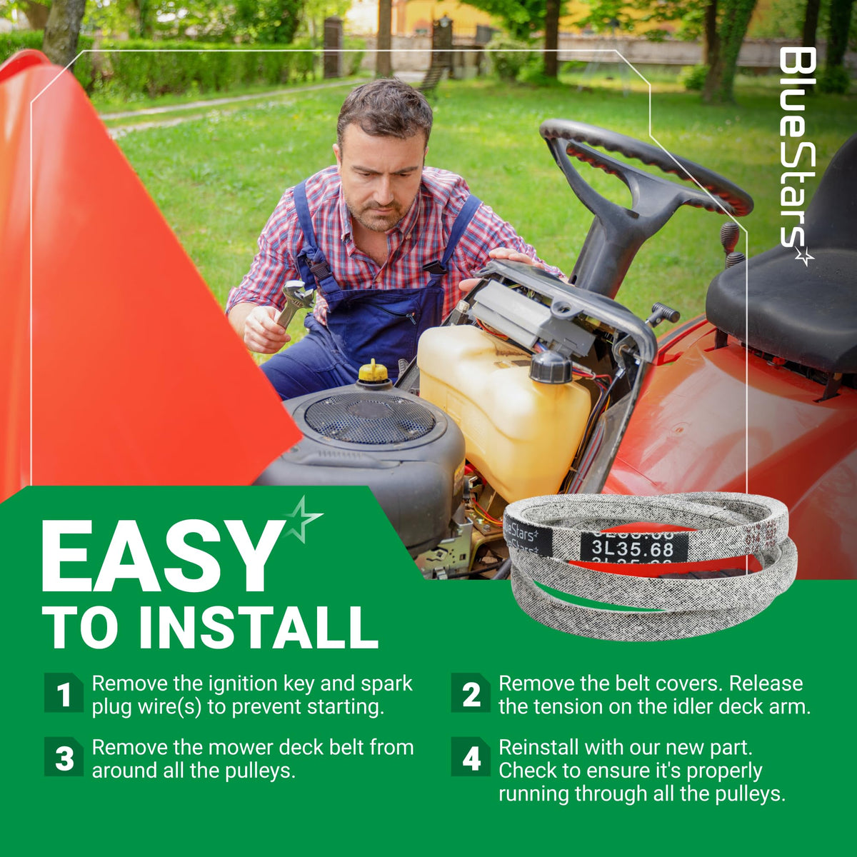 Instructional graphic showing how to install a 954-04032B edger drive belt on a lawn mower engine.