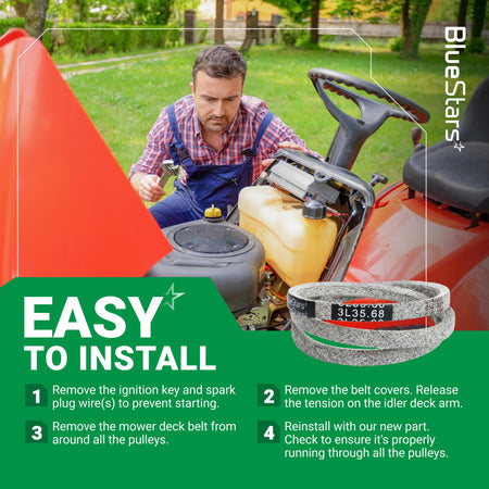 Instructional graphic showing how to install a 954-04032B edger drive belt on a lawn mower engine.