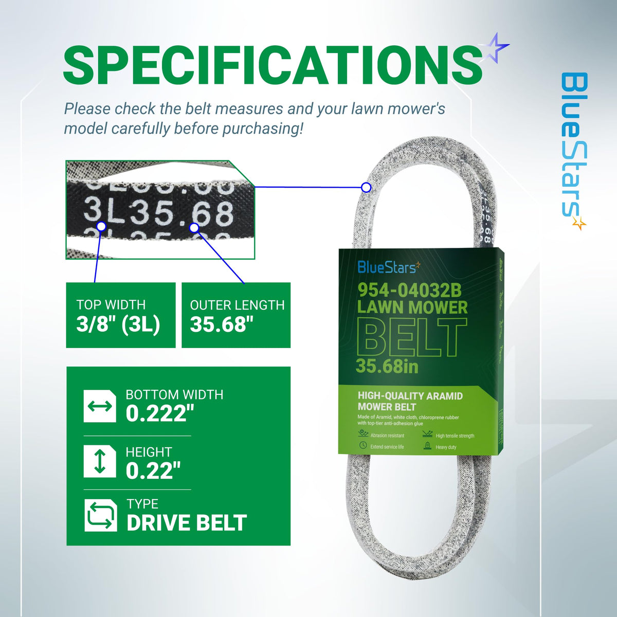 Specification chart for 954-04032B edger drive belt showing dimensions, measurements, and product features.