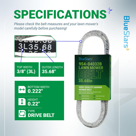 Specification chart for 954-04032B edger drive belt showing dimensions, measurements, and product features.