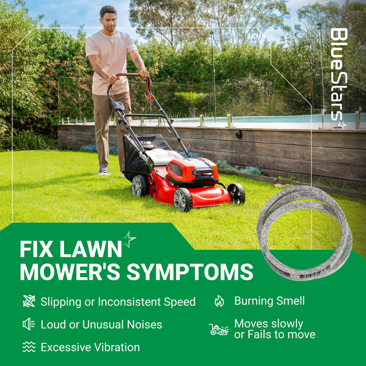 Replacement 954-04032B edger drive belt shown with a lawn mower to illustrate symptoms of a worn belt.