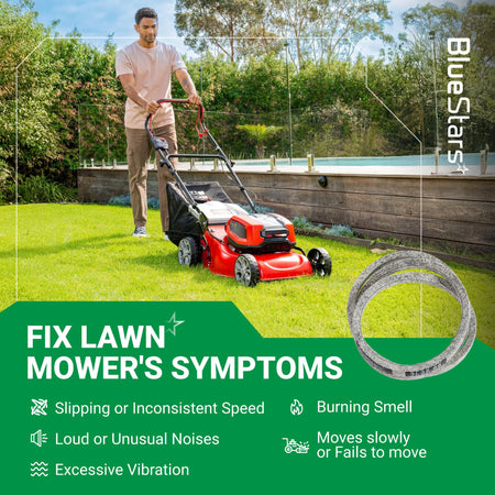 Replacement 954-04032B edger drive belt shown with a lawn mower to illustrate symptoms of a worn belt.
