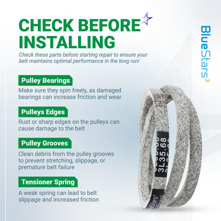 Instructional graphic for 954-04032B edger drive belt showing installation tips for pulleys and tensioners.