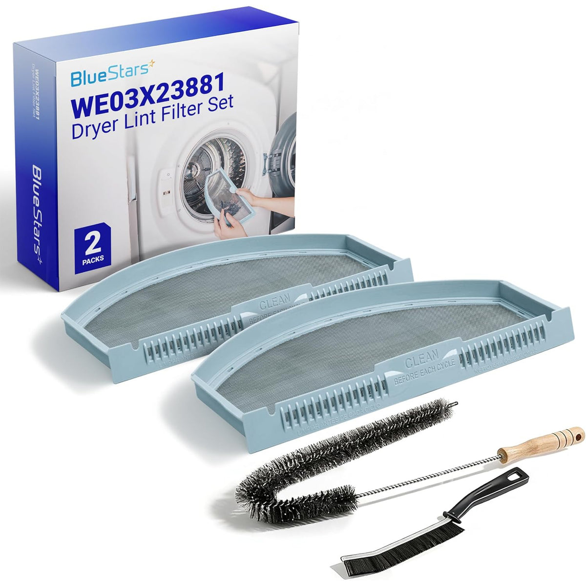 WE03X23881 dryer lint filter 2-pack with cleaning brushes, box and two filters shown