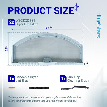 WE03X23881 dryer lint filter 2-pack with brushes, product size diagram showing 13.5 x 6.2 x 1.2 inches