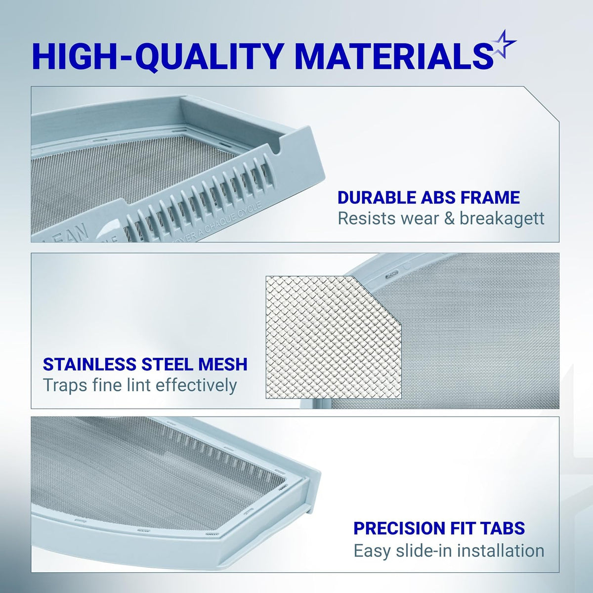 WE03X23881 dryer lint filter infographic showing stainless steel mesh, ABS frame, and precision-fit tabs.